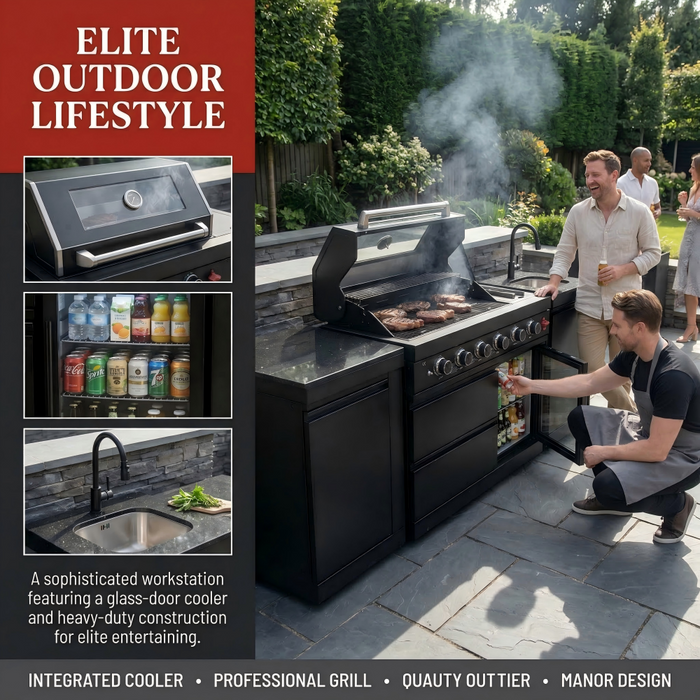 85" 4-Burner 85000 BTU Black Outdoor Kitchen Island Grill with Compact Refrigerator Marble Countertops Sink