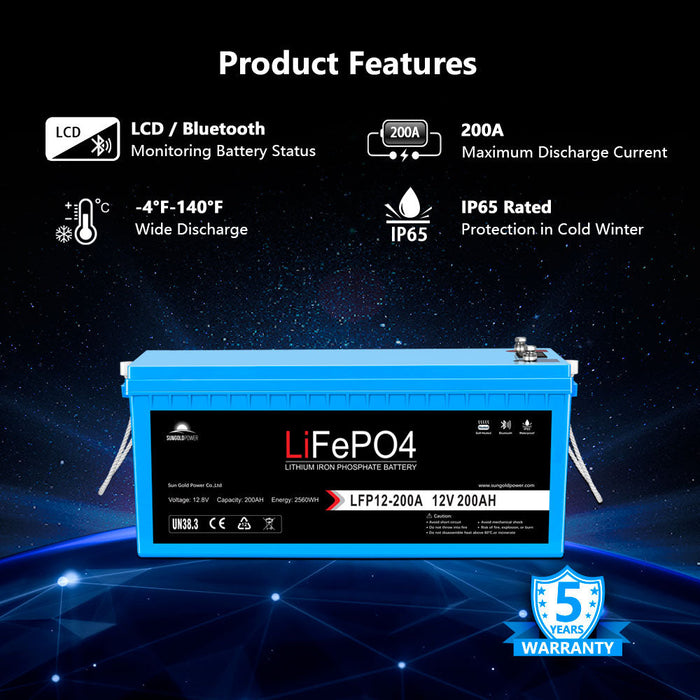 SunGoldPower 4 X 12V 200Ah LiFePo4 Deep Cycle Lithium Battery Bluetooth / Self-Heating / IP65