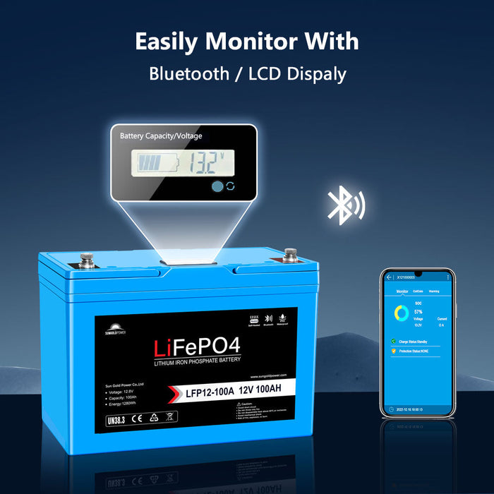 SunGoldPower 2 X 12V 100AH LiFePO4 Deep Cycle Lithium Battery / Bluetooth /Self-heating / IP65