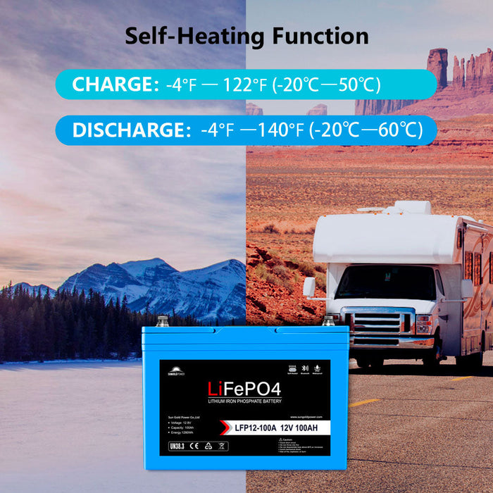 SunGoldPower 2 X 12V 100AH LiFePO4 Deep Cycle Lithium Battery / Bluetooth /Self-heating / IP65