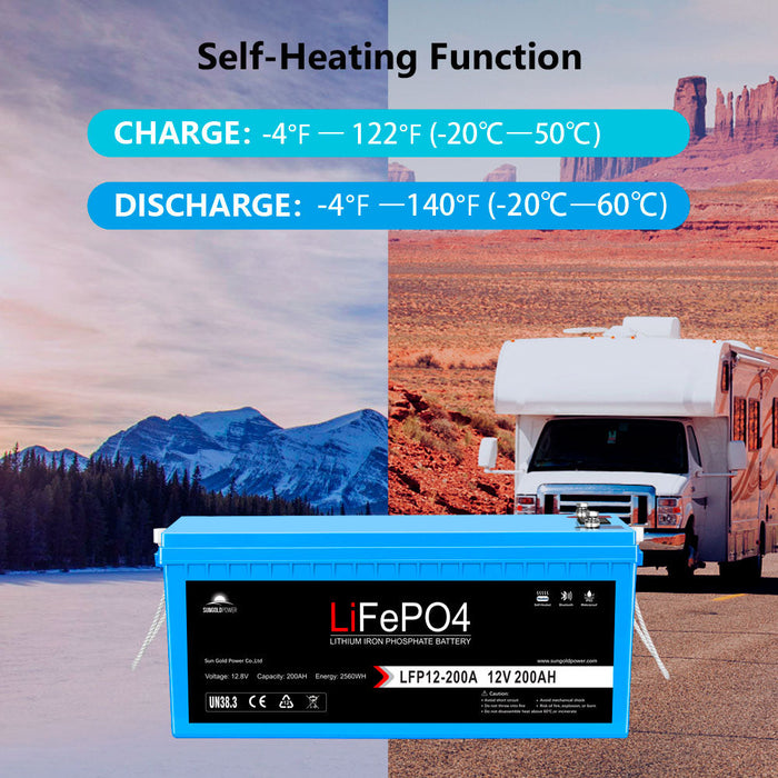 SunGoldPower 4 X 12V 200Ah LiFePo4 Deep Cycle Lithium Battery Bluetooth / Self-Heating / IP65