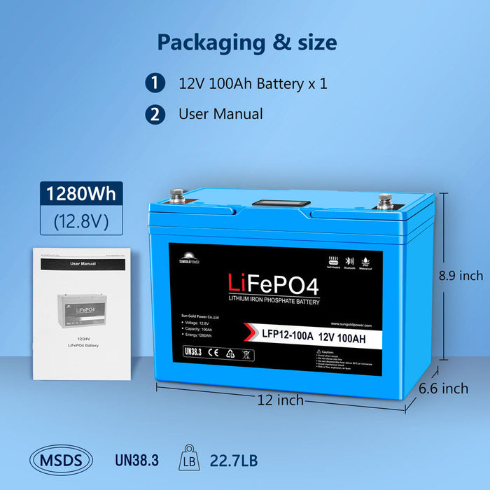 SunGoldPower 2 X 12V 100AH LiFePO4 Deep Cycle Lithium Battery / Bluetooth /Self-heating / IP65