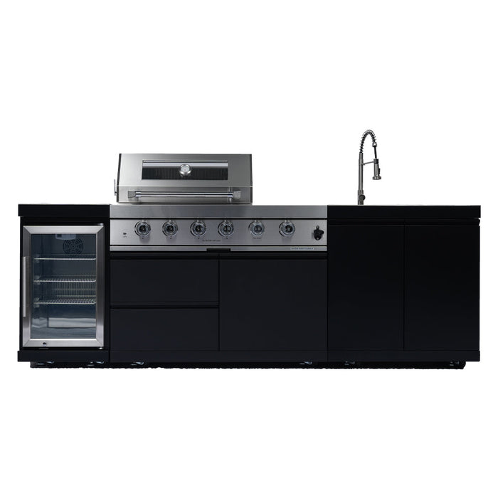 Stainless 98" 4-Burner 72,000 BTU Black Outdoor Kitchen Island Grill + Refrigerator + Rotisserie + Storage Cabinets & Drawers