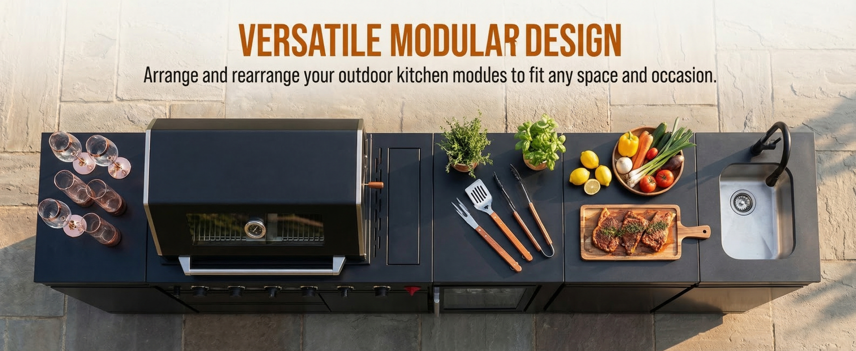 104" 4-Burner 72,000 BTU Black Outdoor Kitchen Bar Barbecue Island Grill + Wine Cooler + Sink