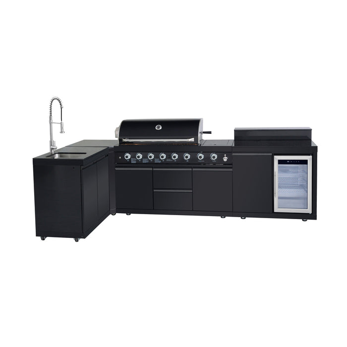 95.8", 95,500 BTU, 6+1 Burner Black Outdoor Kitchen Island Grill with Sink, Refrigerator & Bar Table