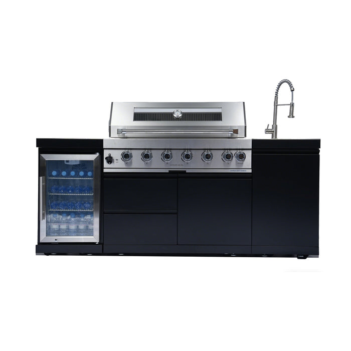 Stainless 82" 6-Burner 85000 BTU Black Outdoor Kitchen Island Grill + Refrigerator + Sink