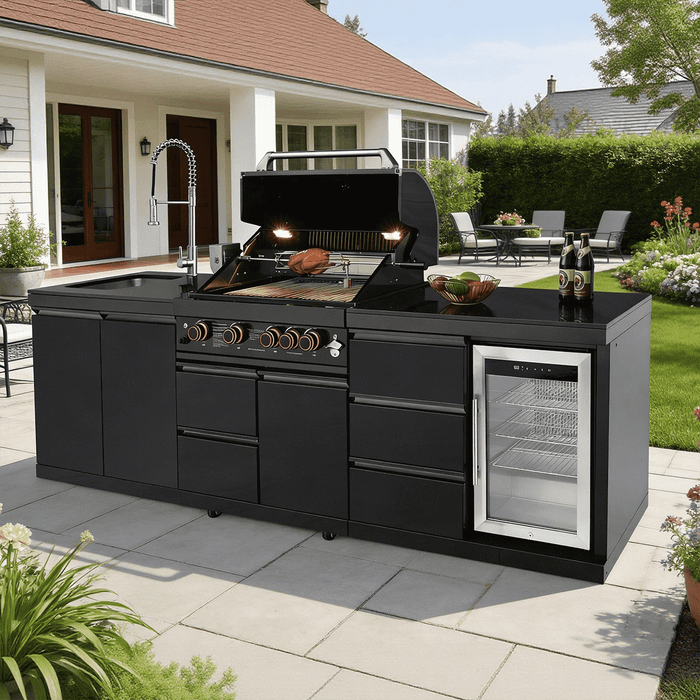 102.4", 4-Burner, 59,500 BTU Black Outdoor Kitchen Island Grill with Sink & Refrigerator