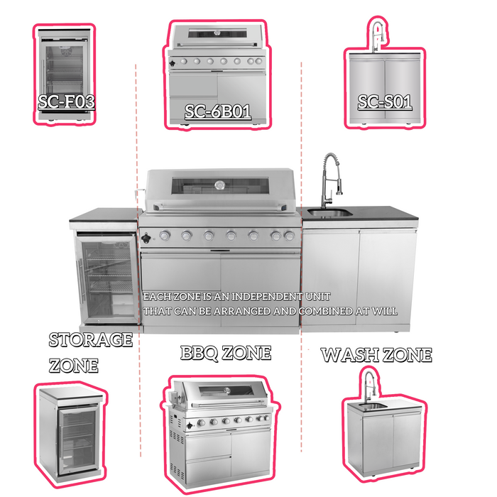 96" 6-Burner 85,000 BTU Deluxe Stainless Outdoor Kitchen Island Grill with Wine Cooler & Storage Cabinets