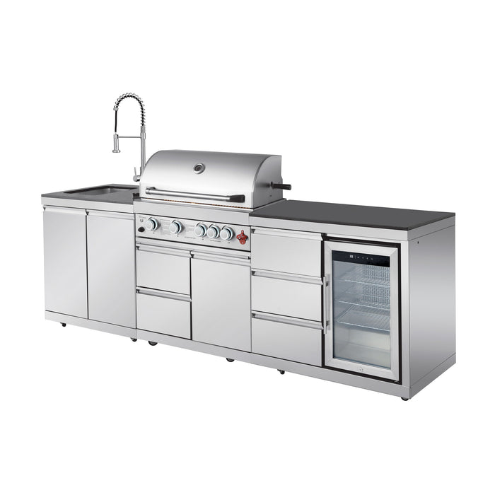 102.4", 4-Burner, 59,500 BTU Silver Outdoor Kitchen Island Grill  with Sink & Refrigerator