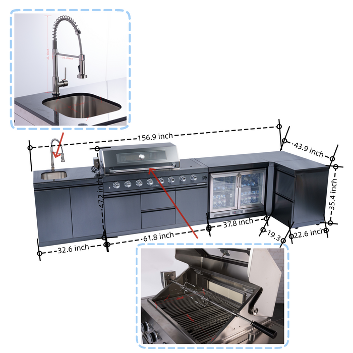153+44" 6-Burner 96000 BTU Black Outdoor Kitchen  Island Grill with Wine Cooler & Drawers
