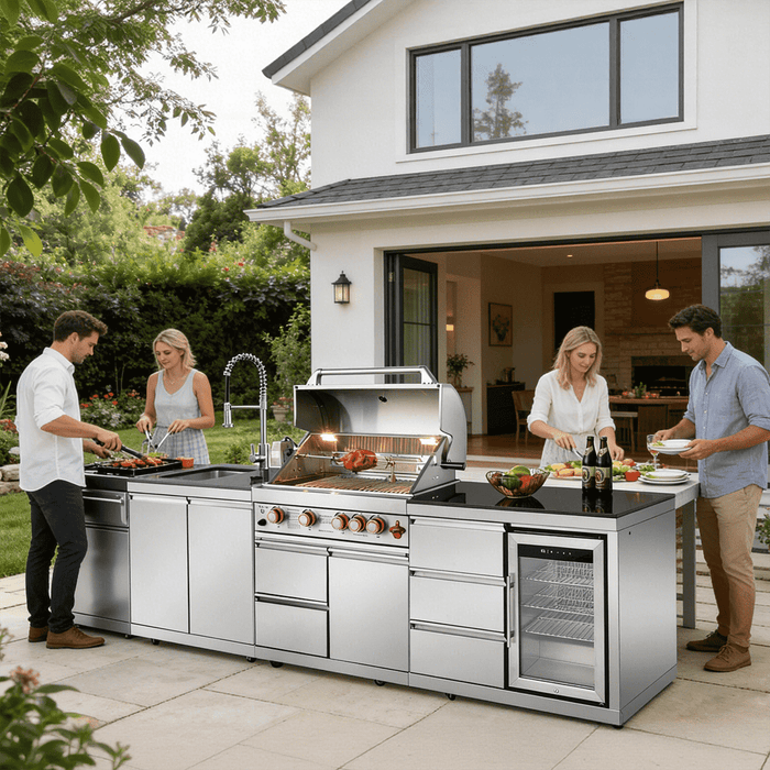 102.4", 4-Burner, 59,500 BTU Silver Outdoor Kitchen Island Grill  with Sink & Refrigerator