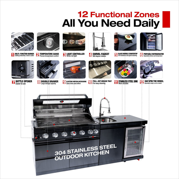 82" 6-Burner 85,000 BTU Stainless Outdoor Kitchen Island Grill with Wine Cooler & Sink