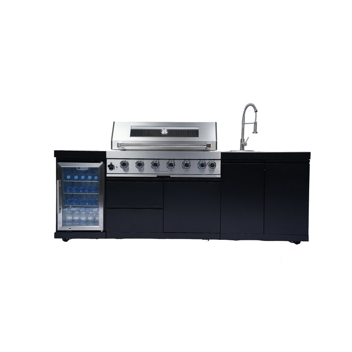 Stainless 96" 6-Burner 85000 BTU Black Outdoor Kitchen Island Grill + Refrigerator + Sink + Rotisserie