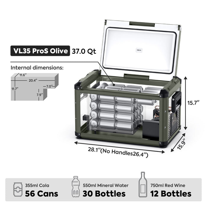 ICECO NEW！37QT VL35ProS Olive 12V Metal Single Zone Fridge Freezer