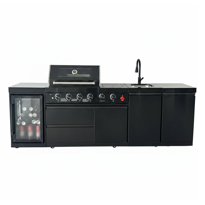 104" 4-Burner 72,000 BTU Black Outdoor Kitchen Bar Barbecue Island Grill + Wine Cooler + Sink