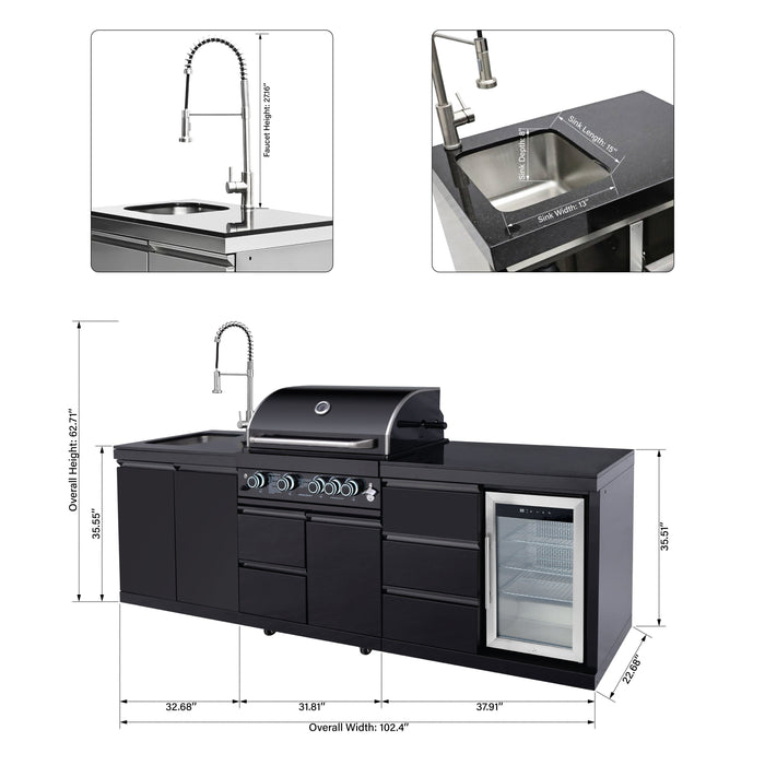 102.4", 4-Burner, 59,500 BTU Black Outdoor Kitchen Island Grill with Sink & Refrigerator