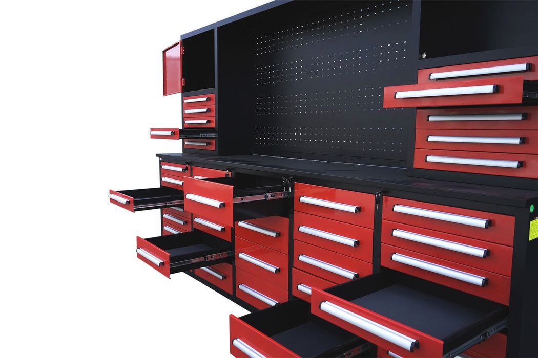 Chery Industrial Steelman 10’ Workbench Cabinet with 40 Drawers, 2 Cabinets & Pegboard Heavy‑Duty Tool Storage WW000217