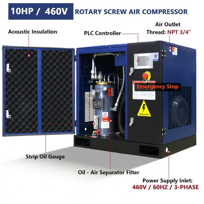 34CFM Rotary Screw Air Compressor – 10HP, 125 PSI, 460V 3-Phase 60HZ