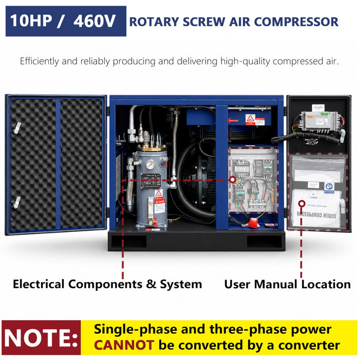34CFM Rotary Screw Air Compressor – 10HP, 125 PSI, 460V 3-Phase 60HZ