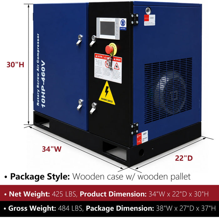 34CFM Rotary Screw Air Compressor – 10HP, 125 PSI, 460V 3-Phase 60HZ