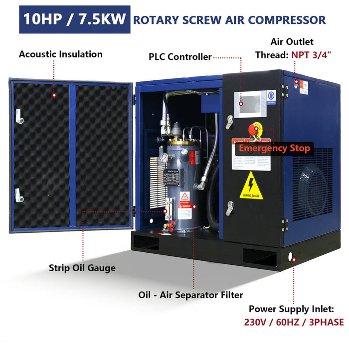 34CFM Rotary Screw Air Compressor – 10HP, 125 PSI, 230V 3-Phase 60HZ
