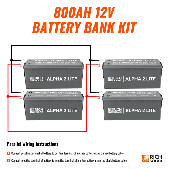 Rich Solar ALPHA 2 LITE 12V 800Ah LiFePO4 Battery Bank Kit (10.2kWh), 4x 200Ah, 2 AWG Cables Battery Bank for RVs, Trailers