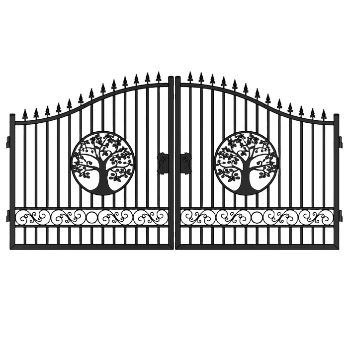 Chery Industrial 14’ Iron Gate with Wider Goalposts, No Metal Ball Dual Swing Driveway Gate