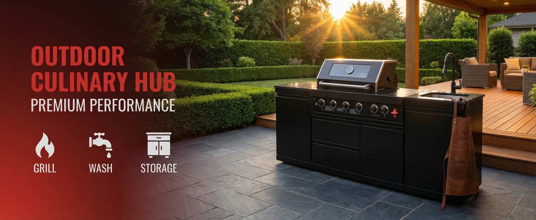 85" 4-Burner 85,000 BTU Black Outdoor Kitchen Island Grill + Storage Cabinets + Sink