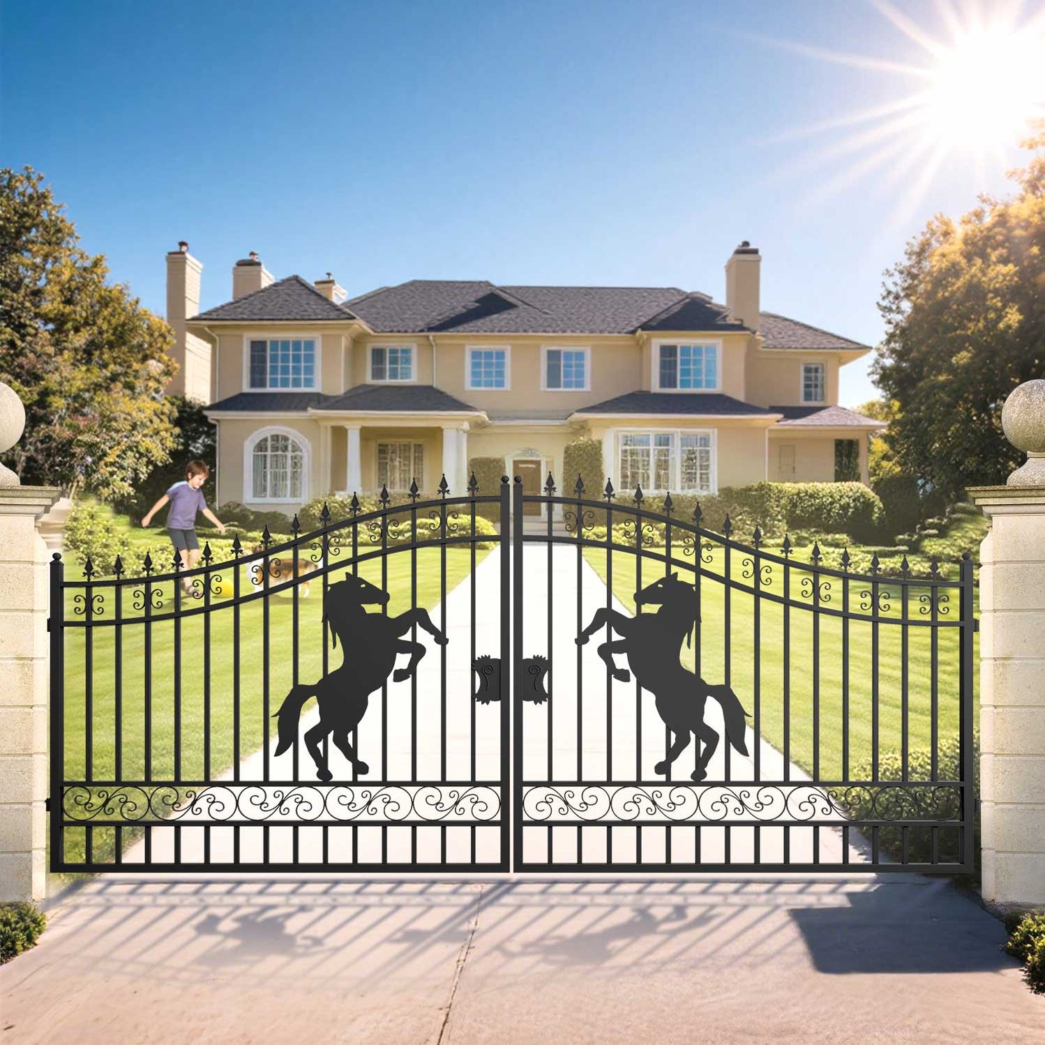 Chery Industrial 16x8 ft Steel Dual Swing Driveway Gate with Horse Pat ...