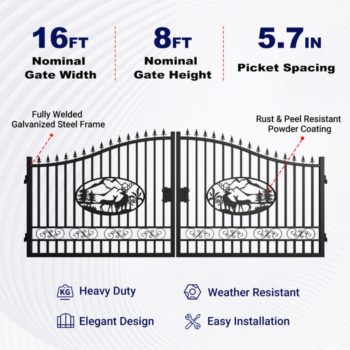 16x8 ft Steel Dual Swing Driveway Gate with Deer Pattern