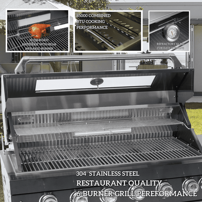 96" 6-Burner 85,000 BTU Deluxe Stainless Outdoor Kitchen Island Grill with Wine Cooler & Storage Cabinets