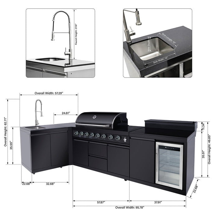 95.8", 95,500 BTU, 6+1 Burner Black Outdoor Kitchen Island Grill with Sink, Refrigerator & Bar Table