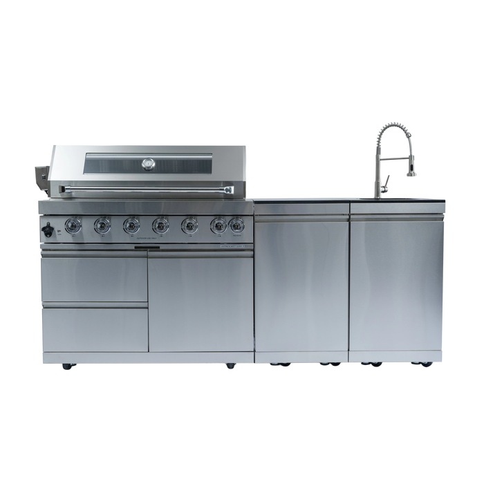 82" 6-Burner 85000 BTU Silver Outdoor Kitchen Island Grill + Storage Cabinets & Drawers & Sink/Faucet