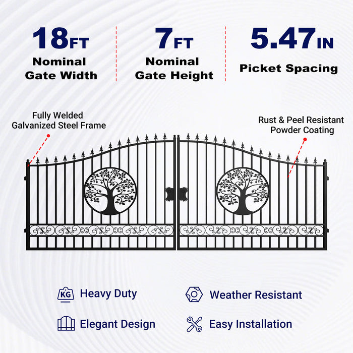 18x7 ft Steel Dual Swing Driveway Gate with Tree Pattern