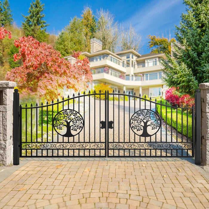 18x7 ft Steel Dual Swing Driveway Gate with Tree Pattern