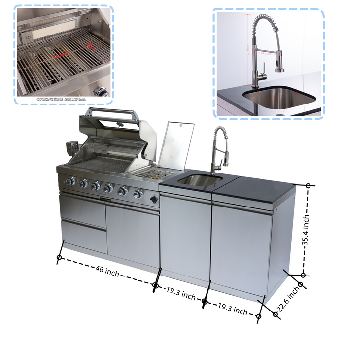 NG 85" 4-Burner 72,000 BTU Silver Outdoor Kitchen Island Grill + Side B & Storage Cabinets & Sink