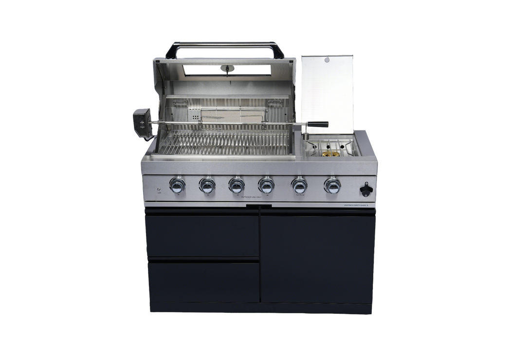 Stainless 85" 4-Burner 72000 BTU Black Outdoor Kitchen Island Grill +  Refrigerator + Rotisserie