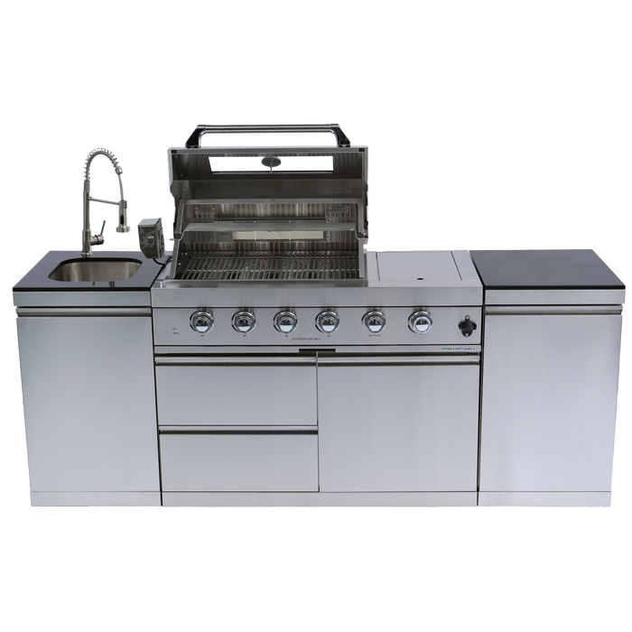 NG 85" 4-Burner 72,000 BTU Silver Outdoor Kitchen Island Grill + Side B & Storage Cabinets & Sink