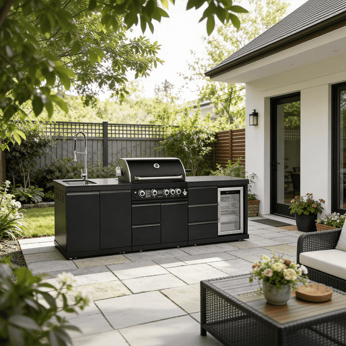 102.4", 4-Burner, 59,500 BTU Black Outdoor Kitchen Island Grill with Sink & Refrigerator
