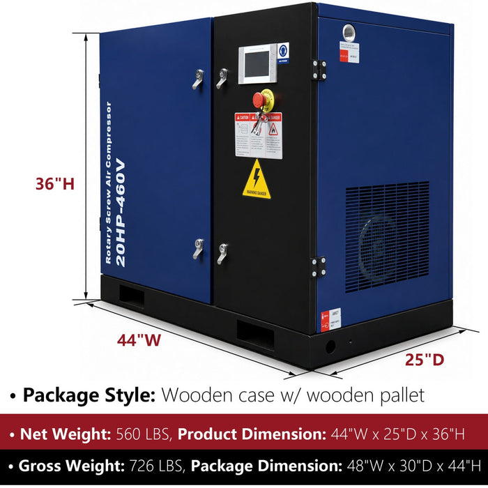 74CFM Rotary Screw Air Compressor, 20HP, 125PSI, 460V 3PHASE 60HZ