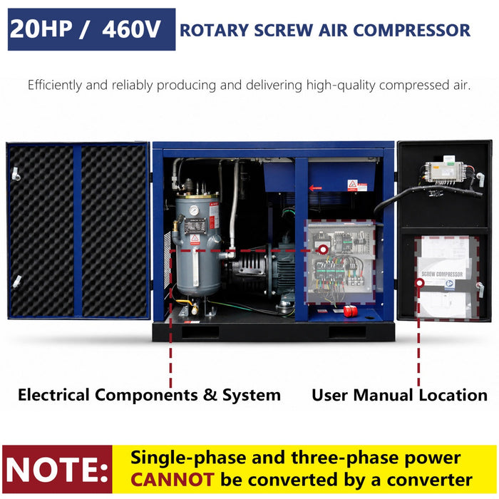 74CFM Rotary Screw Air Compressor, 20HP, 125PSI, 460V 3PHASE 60HZ