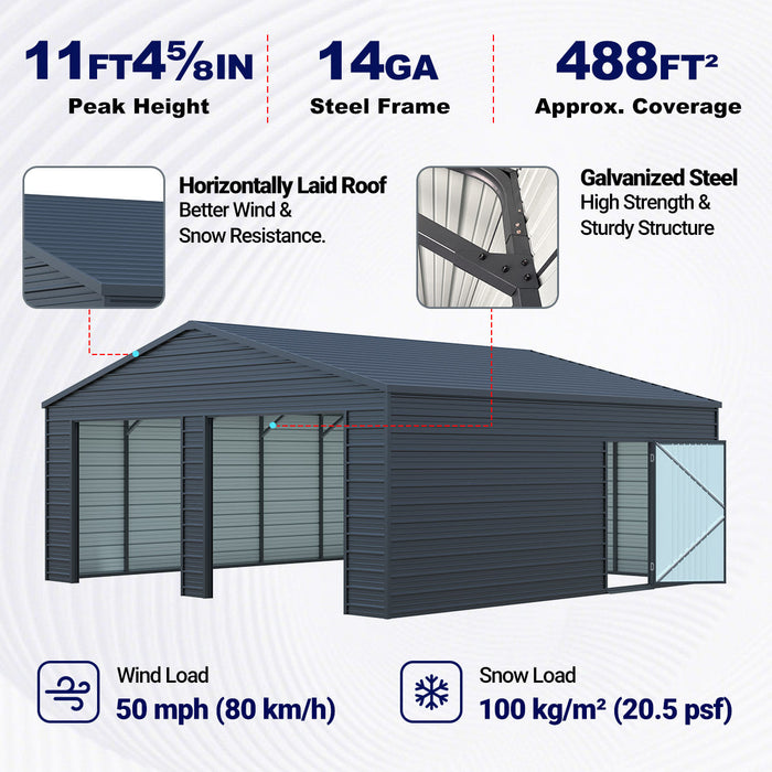 22' x 23' Double Garage Metal Shed with Side Door