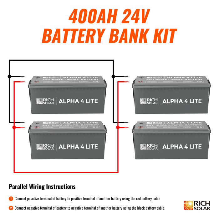 Rich Solar 24V 400Ah LiFePO4 Battery Bank Kit (10.2kWh), ALPHA 4 LITE, 4x 100Ah