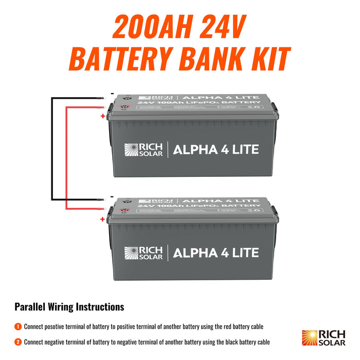 Rich Solar 24V 200Ah LiFePO4 Battery Bank Kit (5.1kWh), ALPHA 4 LITE, 2x 100Ah