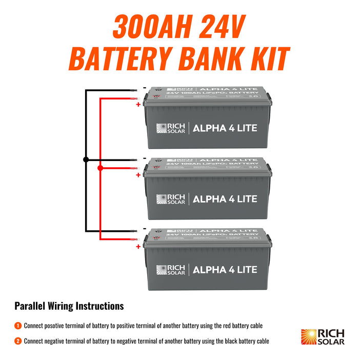 Rich Solar 24V 300Ah LiFePO4 Battery Bank Kit (7.6kWh), ALPHA 4 LITE, 3x 100Ah