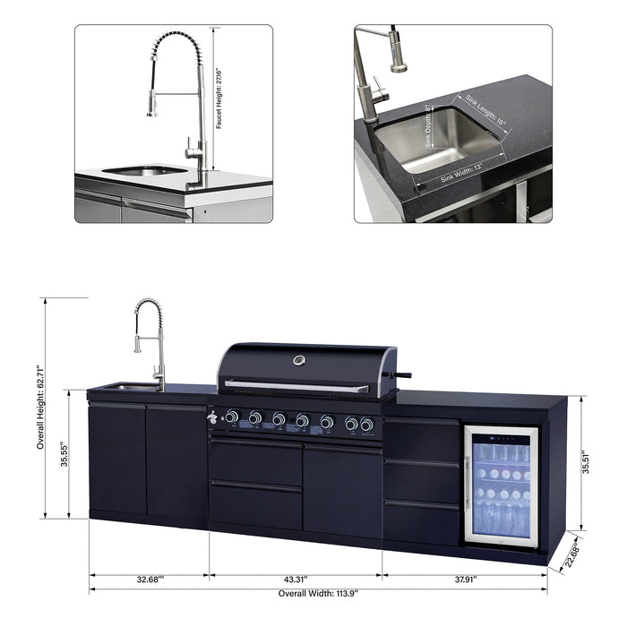114" 6-Burner 83,500 BTU Propane Outdoor Kitchen Island Grill with Sink & Refrigerator