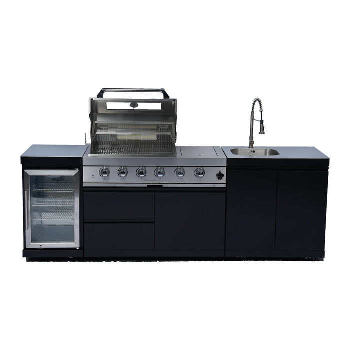 Stainless 98" 4-Burner 72,000 BTU Black Outdoor Kitchen Island Grill + Refrigerator + Rotisserie + Storage Cabinets & Drawers
