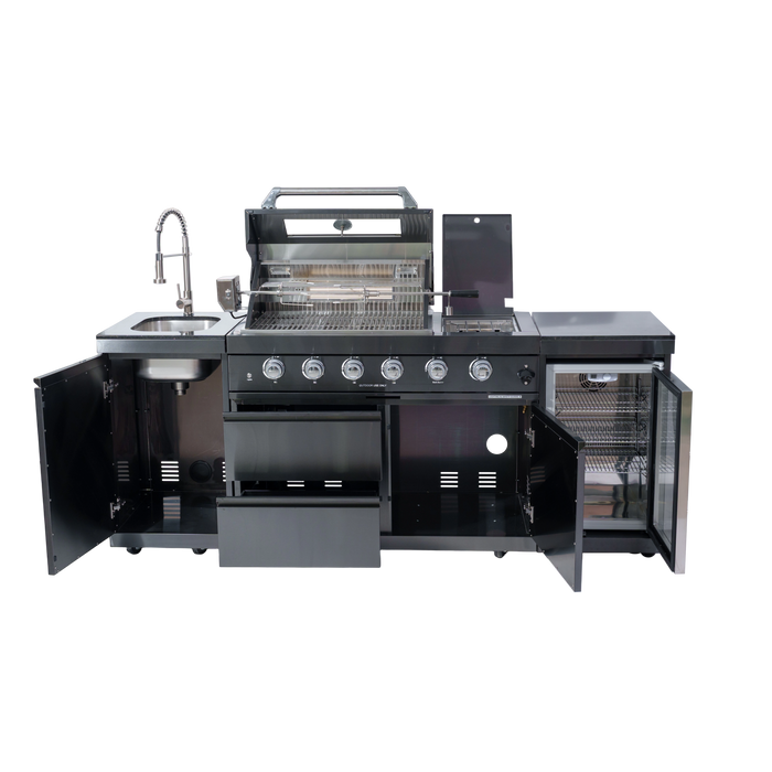 NG 85" 4-Burner 72,000 BTU Black Outdoor Kitchen Island Grill + Refrigerator + Sink