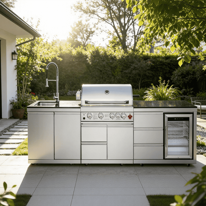 102.4", 4-Burner, 59,500 BTU Silver Outdoor Kitchen Island Grill  with Sink & Refrigerator