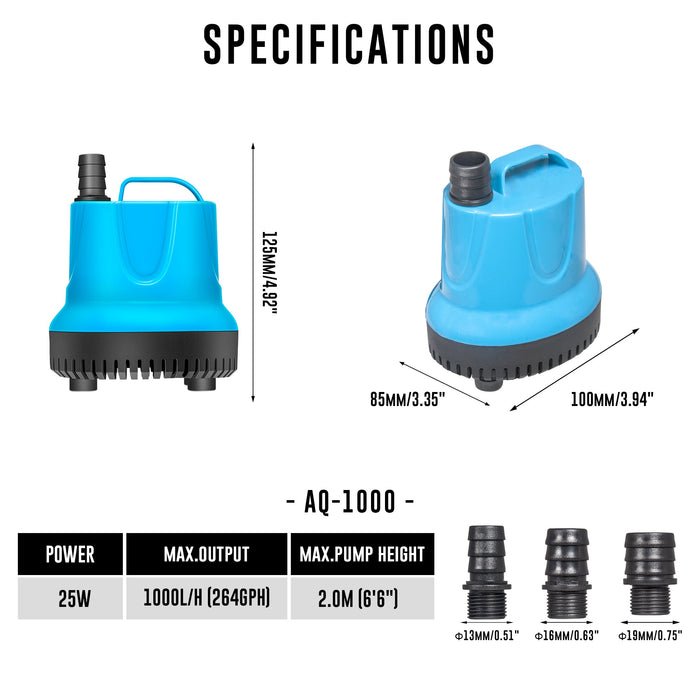 Aqua Dream 264 GPH Bottom Suction Water Pump - 25W Energy Efficient, Low-Suction